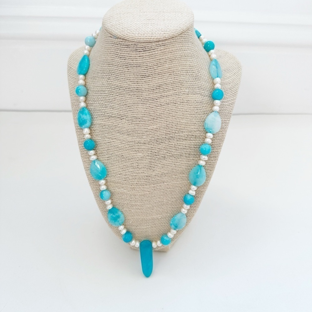 NWT Genuine Hemimorphite & Pearls Necklace Beaded Blue White